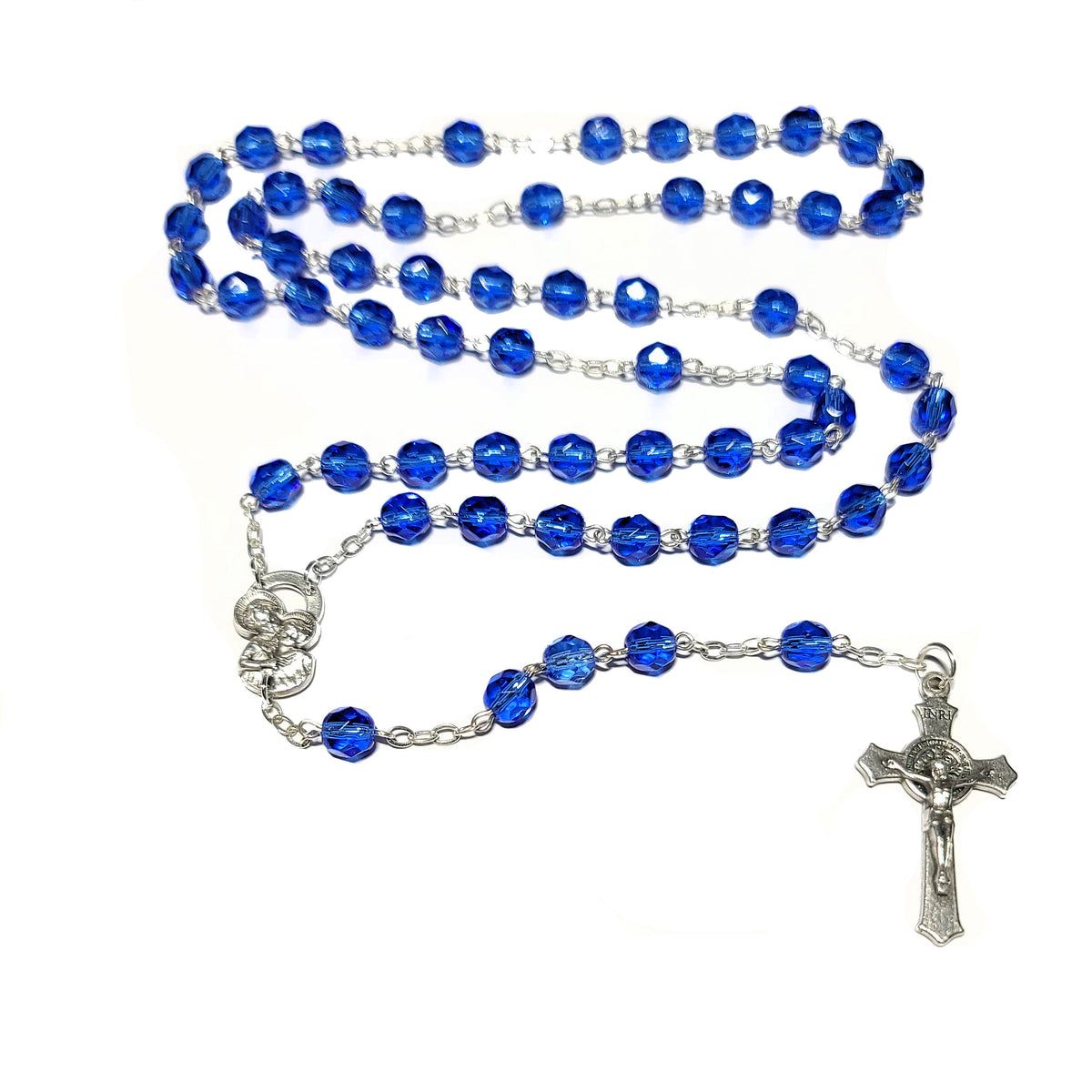 Sacred Heart of Jesus Blue Glass Cross Rosary Beads.